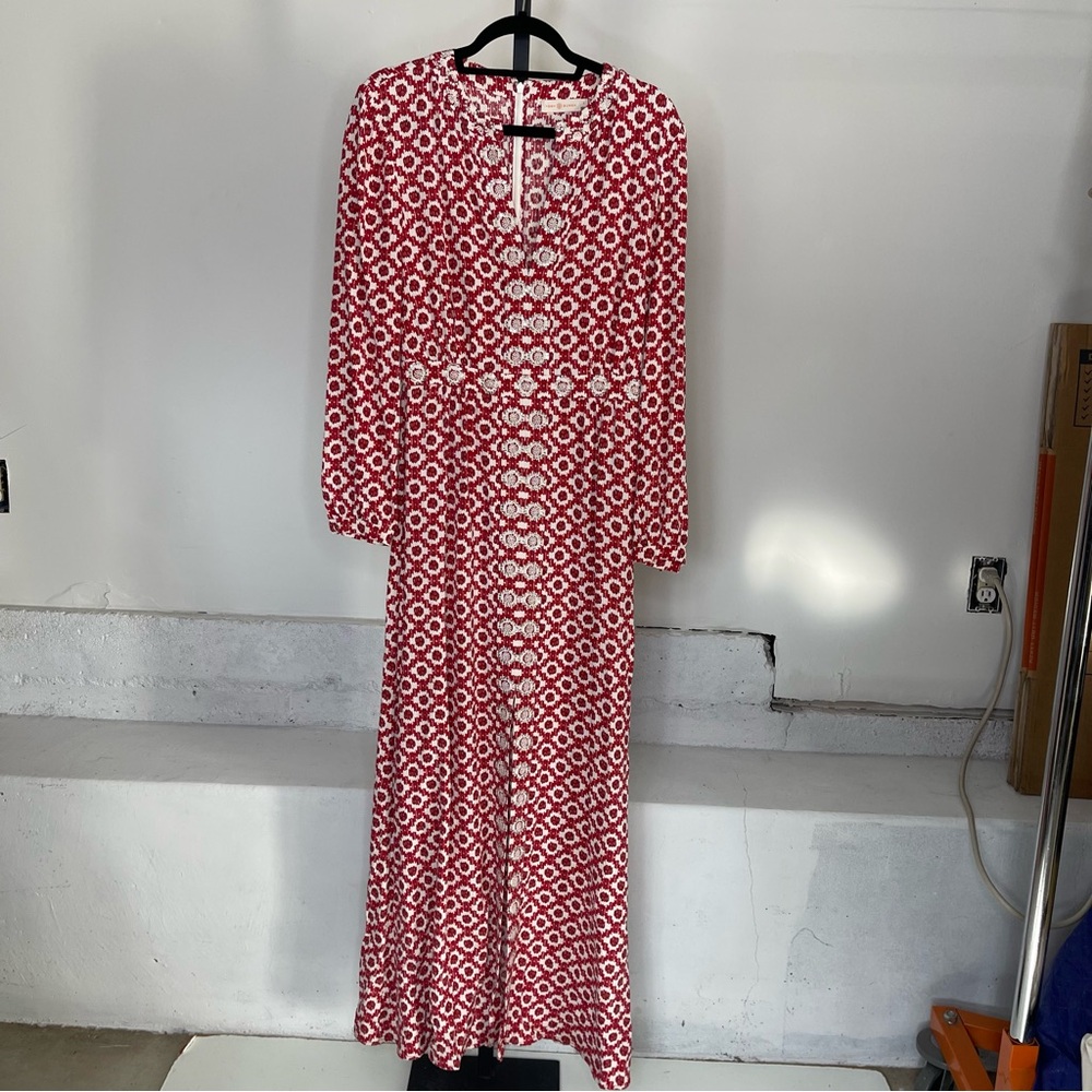 Tory Burch Red Textured Printed Long Sleeve Crystal Embellished Maxi Dress 4 - Picture 2 of 12